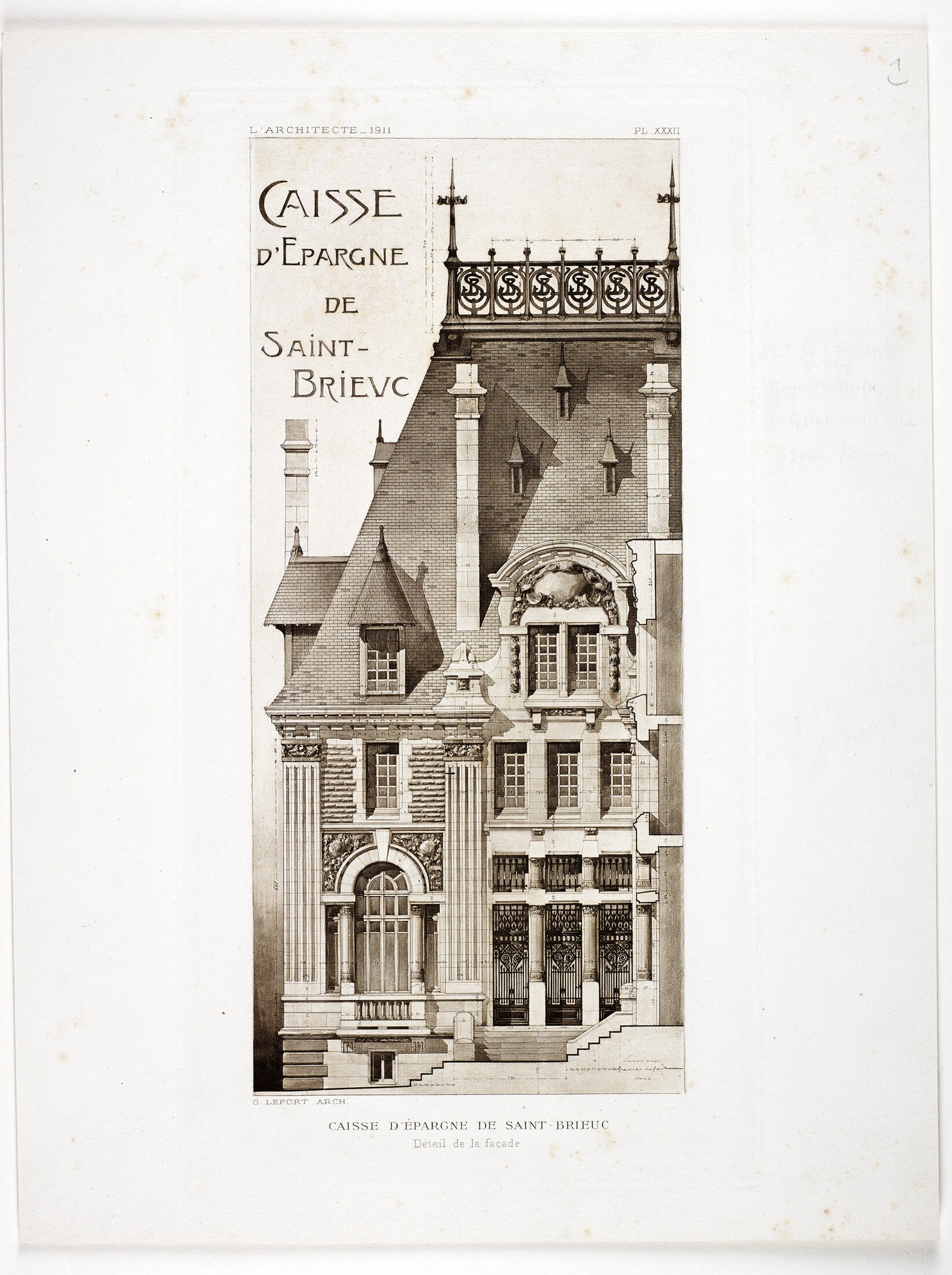 Dessin d’architecture de la Caisse d’Épargne de Saint-Brieuc par Georges-Robert Lefort